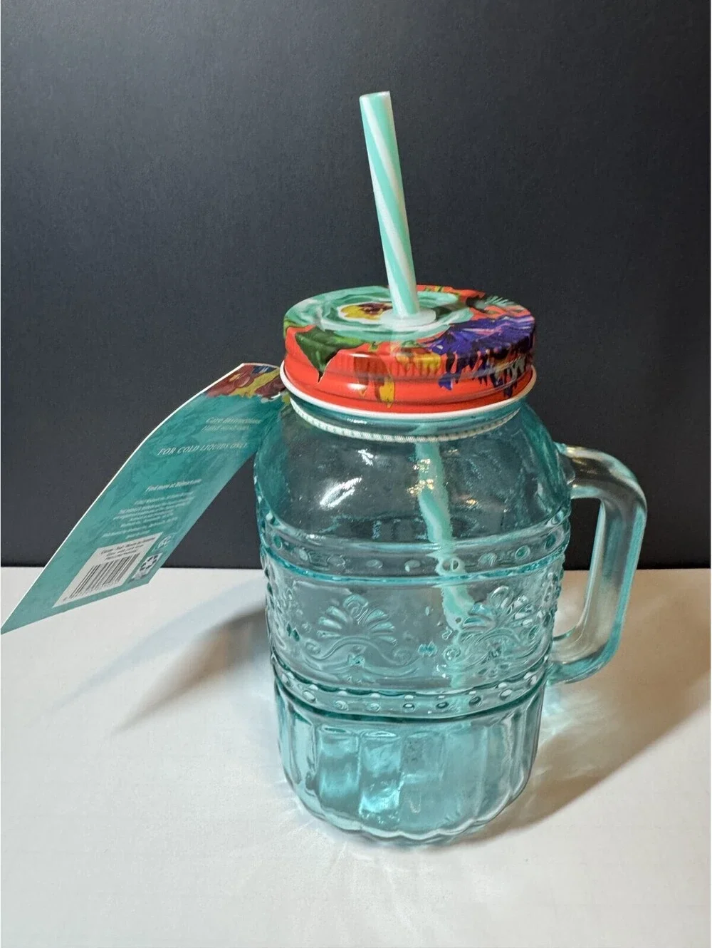 Pioneer Woman Teal Mason Jar Drinking Glass W/Lid & Straw 32 OZ NWT Cassie